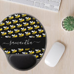 Black happy bumble bees fun humor monogram script gel mouse pad<br><div class="desc">Decorated with happy, smiling yellow and black bumble bees. A chic black background. Personalize and add a name. The name is written with a modern hand lettered stylie script with swashes. To keep the swashes only delete the sample name, leave the spaces or emoji's in front and after the name....</div>