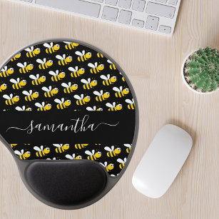Black happy bumble bees fun humor monogram script gel mouse pad