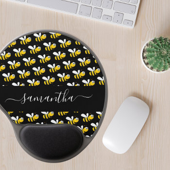 Black Happy Bumble Bees Fun Humor Monogram Script Gel Mouse Pad by Thunes at Zazzle