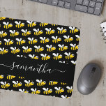 Black happy bumble bees fun humor monogram script mouse pad<br><div class="desc">Decorated with happy, smiling yellow and black bumble bees. A chic black background. Personalize and add a name. The name is written with a modern hand lettered stylie script with swashes. To keep the swashes only delete the sample name, leave the spaces or emoji's in front and after the name....</div>