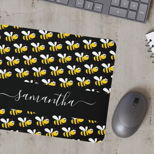 Black happy bumble bees fun humor monogram script mouse pad