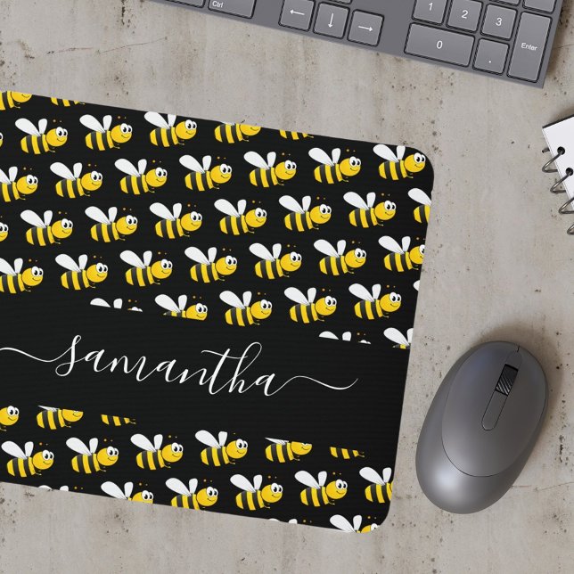 Black happy bumble bees fun humor monogram script mouse pad (Creator Uploaded)