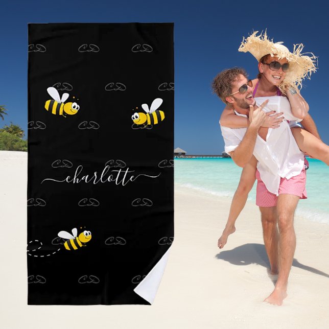 Black happy bumble bees summer fun humor monogram beach towel (Creator Uploaded)