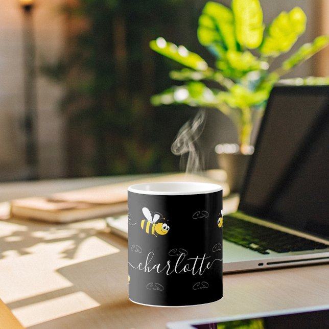 Black happy bumble bees summer fun humor monogram coffee mug (Creator Uploaded)