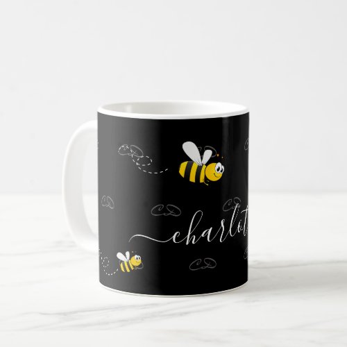 Black happy bumble bees summer fun humor monogram coffee mug