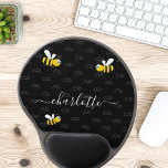 Black happy bumble bees summer fun humor monogram gel mouse pad<br><div class="desc">Decorated with happy, smiling yellow and black bumble bees. A chic black background. Personalize and add a name and your monogram, initials. The monogram in gray as a pattern in the background. The name is written in white with a modern hand lettered stylie script with swashes. To keep the swashes...</div>
