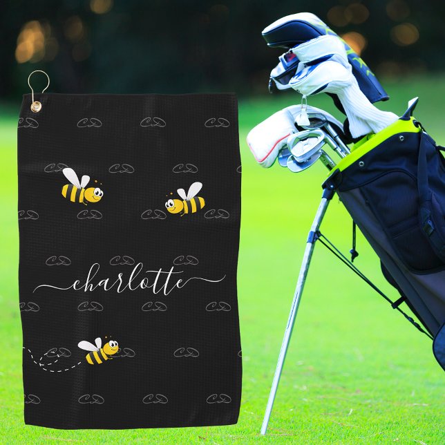 Black happy bumble bees summer fun humor monogram golf towel (Creator Uploaded)