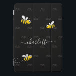 Black happy bumble bees summer fun humor monogram  iPad pro cover<br><div class="desc">Decorated with happy, smiling yellow and black bumble bees. A chic black background. Personalize and add a name and your monogram, initials. The monogram in gray as a pattern in the background. The name is written in white with a modern hand lettered stylie script with swashes. To keep the swashes...</div>