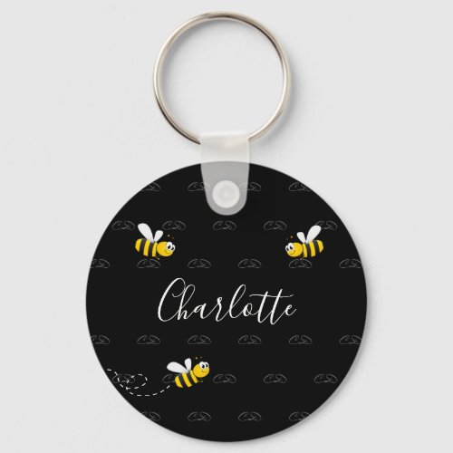 Black happy bumble bees summer fun humor monogram keychain