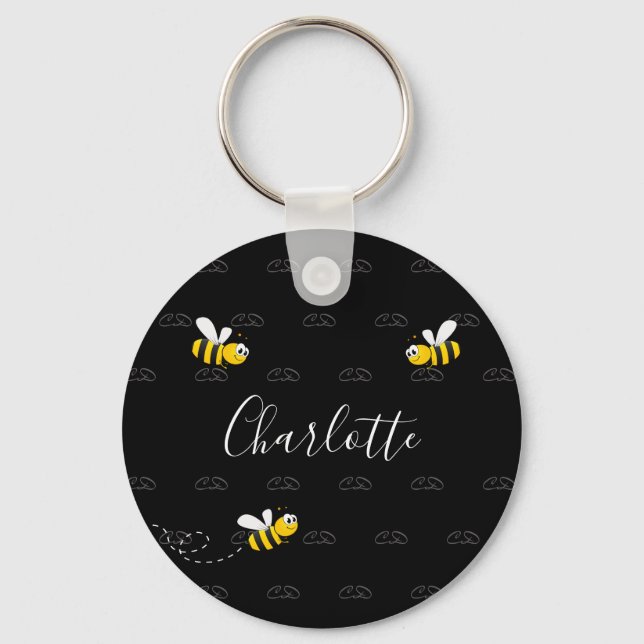 Black happy bumble bees summer fun humor monogram keychain (Front)