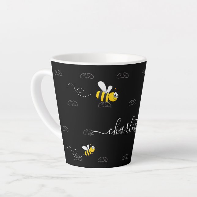 Black happy bumble bees summer fun humor monogram latte mug (Left Angle)