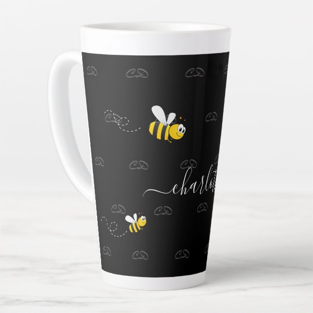 Black happy bumble bees summer fun humor monogram latte mug (Left Angle)
