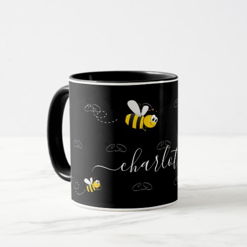 Black happy bumble bees summer fun humor monogram mug