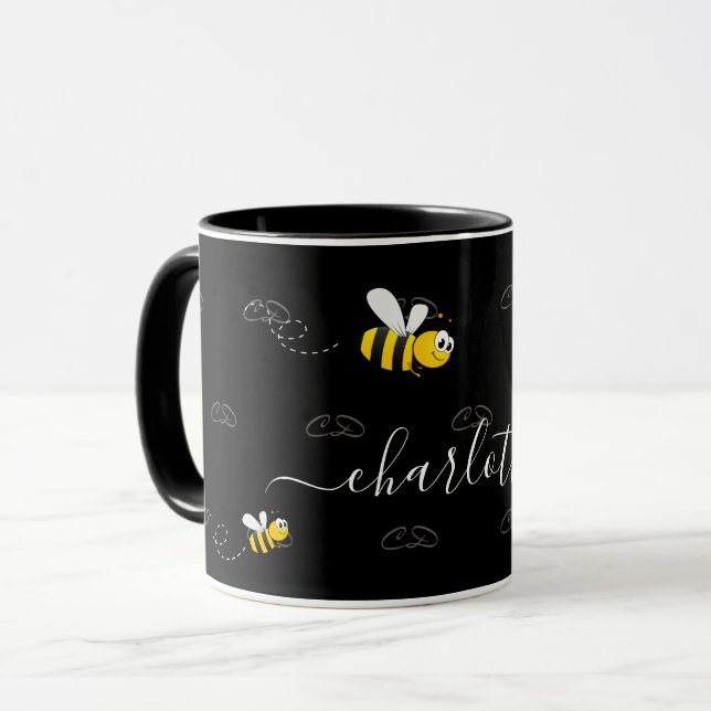 Black happy bumble bees summer fun humor monogram mug (Front Left)