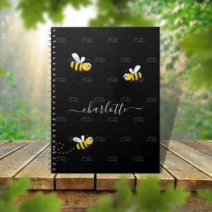 Black happy bumble bees summer fun humor monogram notebook