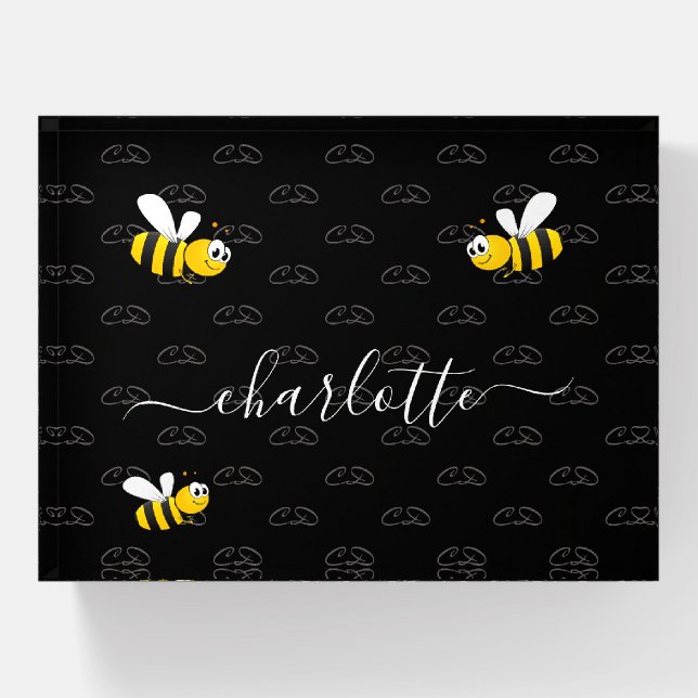 Black happy bumble bees summer fun humor monogram paperweight (Front)