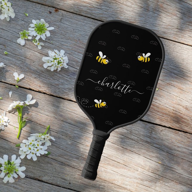 Black happy bumble bees summer fun humor monogram pickleball paddle (Creator Uploaded)