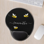 Black happy bumble bees summer fun humor name gel mouse pad<br><div class="desc">Decorated with happy,  smiling yellow and black  bumblebees. A chic black background. Personalize and add a name. The name is written with a modern hand lettered stylie script with swashes. To keep the swashes only delete the sample name,  leave the spaces or emoji's in front and after the name.</div>