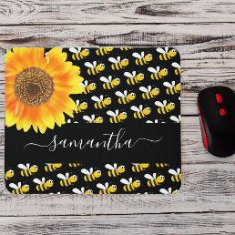Black happy bumble bees sunflower monogram script mouse pad