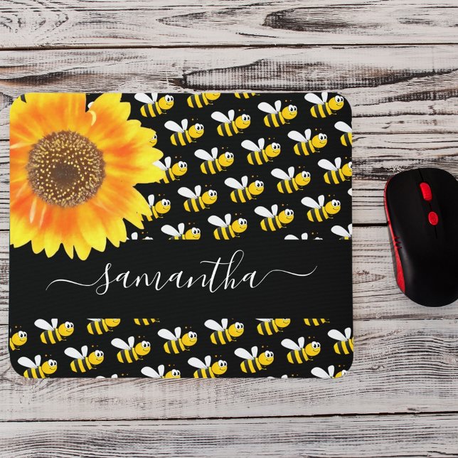 Black happy bumble bees sunflower monogram script mouse pad (Creator Uploaded)