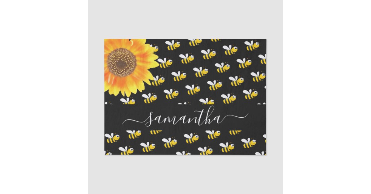Black happy bumble bees sunflower monogram script tissue paper | Zazzle