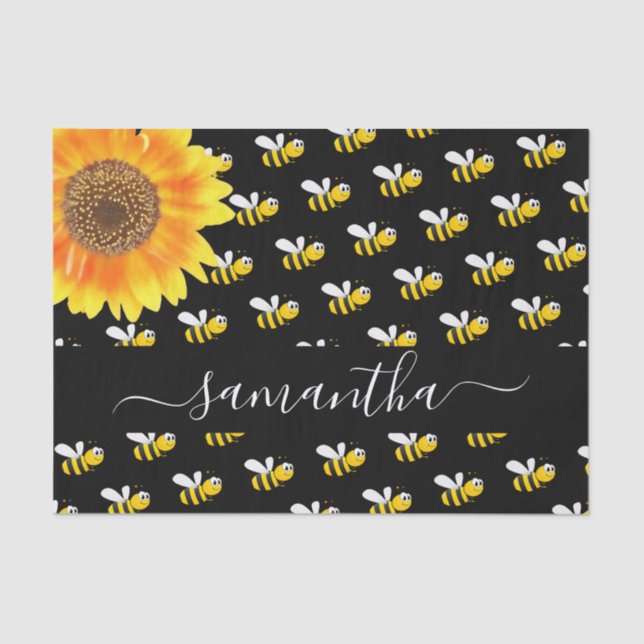 Black happy bumble bees sunflower monogram script tissue paper (Front)