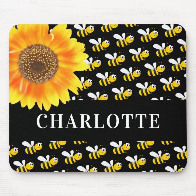 Black happy bumble bees sunflower name mouse pad (Front)