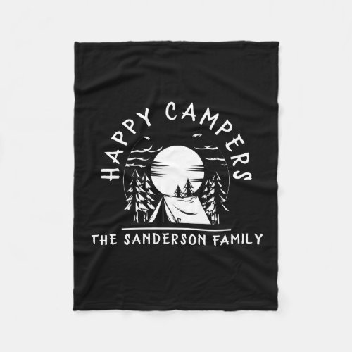 Black Happy Campers Family Name Camping Trip Fleece Blanket