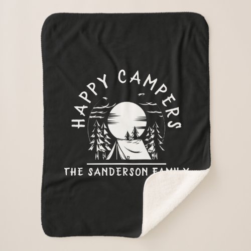Black Happy Campers Family Name Camping Trip Sherpa Blanket