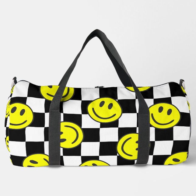 black happy face check groovy duffle bag (Front)