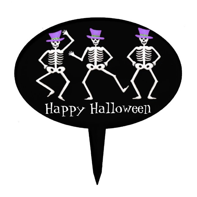 Black Happy Halloween Dancing Skeletons Cake Topper (Front)