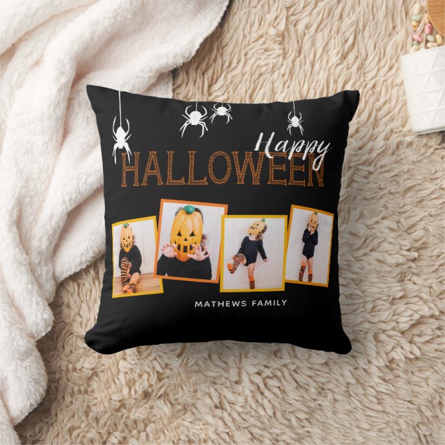 Black Happy Halloween Photo Collage Spiders Throw Pillow (Blanket)