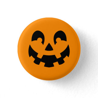 Black Happy Halloween Pumpkin Face Shape On Orange Button