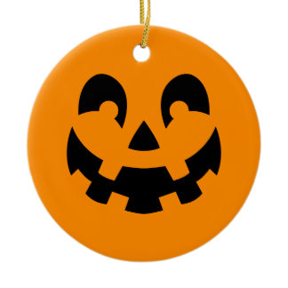 Black Happy Halloween Pumpkin Face Shape On Orange Ceramic Ornament