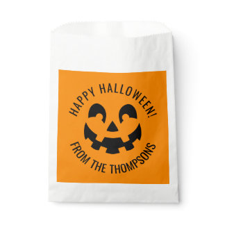 Black Happy Halloween Pumpkin Face Shape On Orange Favor Bag