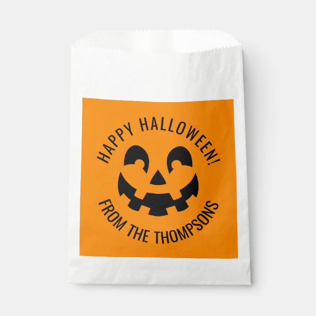 Black Happy Halloween Pumpkin Face Shape On Orange Favor Bag (Front)