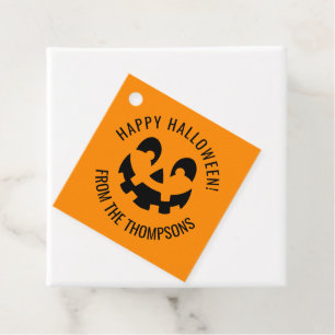 Black Happy Halloween Pumpkin Face Shape On Orange Favor Tags