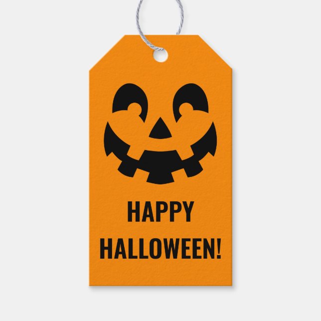 Black Happy Halloween Pumpkin Face Shape On Orange Gift Tags (Front)