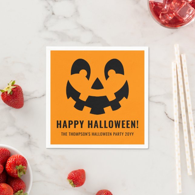 Black Happy Halloween Pumpkin Face Shape On Orange Napkins (Insitu)