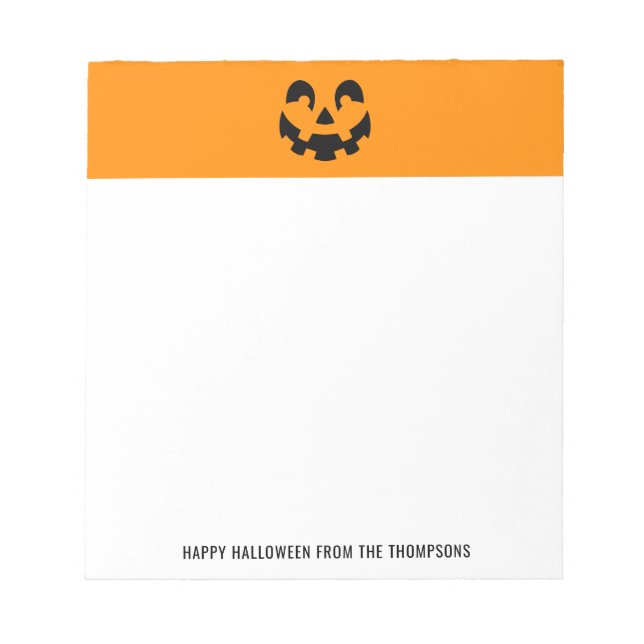 Black Happy Halloween Pumpkin Face Shape On Orange Notepad (Front)