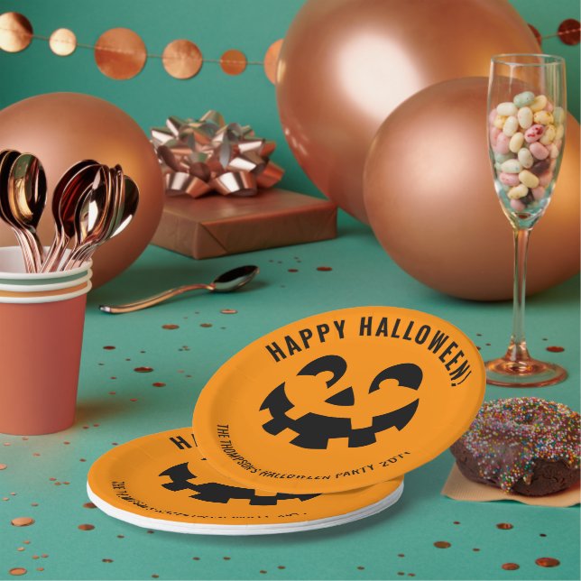 Black Happy Halloween Pumpkin Face Shape On Orange Paper Plates (Multi)