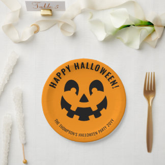 Black Happy Halloween Pumpkin Face Shape On Orange Paper Plates