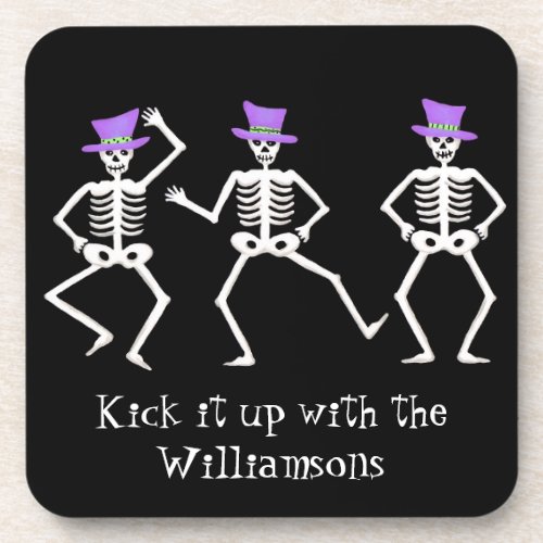 Black Happy Halloween Whimsy Dancing Skeletons Beverage Coaster