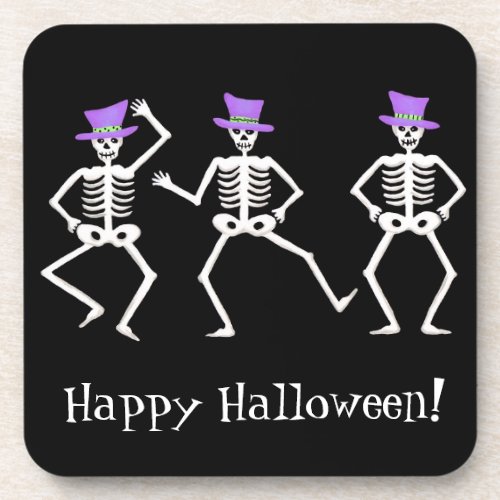 Black Happy Halloween Whimsy Dancing Skeletons Coaster