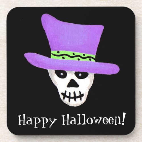 Black Happy Halloween Whimsy Skeleton Skull Coaster