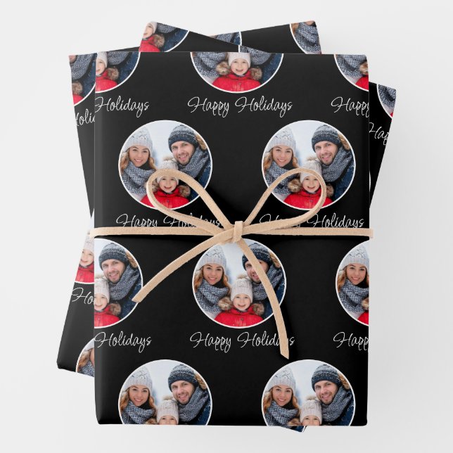 Black Happy Holidays Family Photo Christmas Wrapping Paper Sheets (In situ)