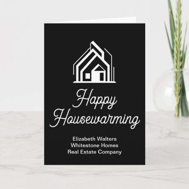 Black Happy Housewarming Real Estate Company Card (Front)