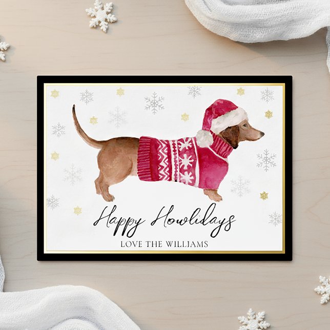 Black Happy Howlidays Watercolor Dachshund Dog Foil Holiday Card (Creator Uploaded)