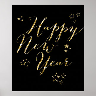Black Happy New Year Gold Foil Sign Print