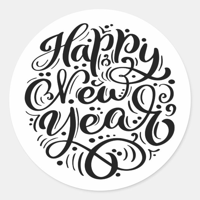 Black Happy New Year Modern Calligraphy  Classic Round Sticker (Front)